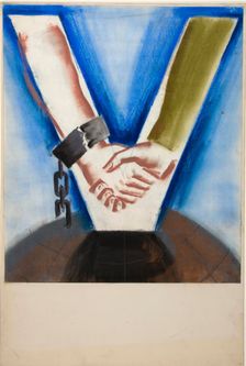 Arms with hands clasped, the arms forming a V-shape, superimposed on globe, between 1939 and 1946. Creators: Unknown, Central Office of Information
