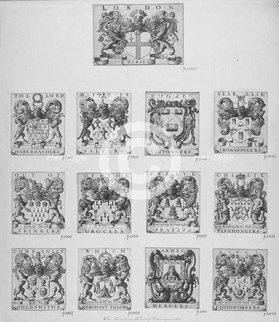 Arms of the twelve chief City Livery Companies surmounted by the arms of the City of London, 1667. Artist: Wenceslaus Hollar