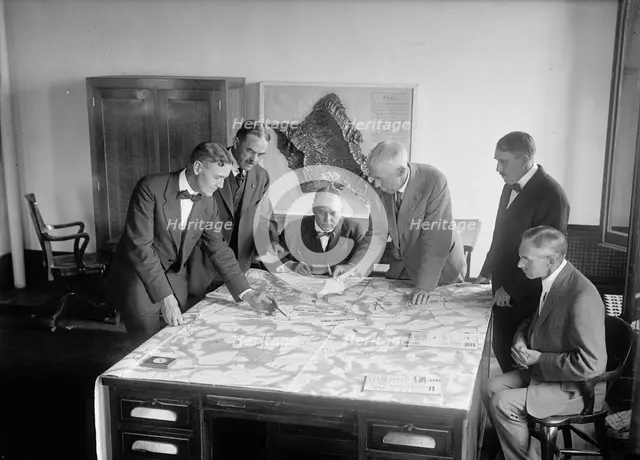 Army War Game - Lt. Col. D.E. Aultman; Lt. Col. J.A. Shipton; Major L. Wahl; Col. George H..., 1917. Creator: Harris & Ewing.