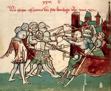 Army attacking a besieged town, 15th century. Creator: Unknown