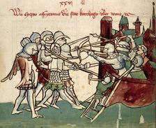 Army attacking a besieged town, 15th century. Creator: Unknown