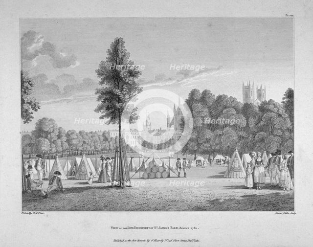 Army encampment in St James's Park, Westminster, London, 1780.      Artist: James Fittler