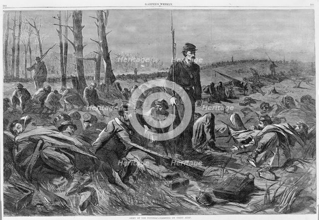 Army of the Potomac - Sleeping on Their Arms (Harper's Weekly, Vol. VIII), May 28, 1864. Creator: Unknown.