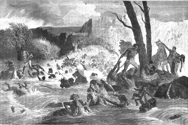 'Army of Theodore overtaken by a flood crossing the Bashilo; A journey through Soudan..., 1875. Creator: Unknown.