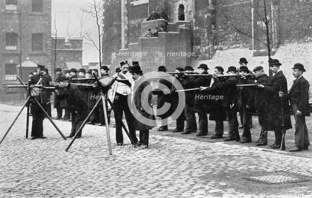 Army reserve men at musketry drill at the Tower of London, 1896. Artist: W Gregory