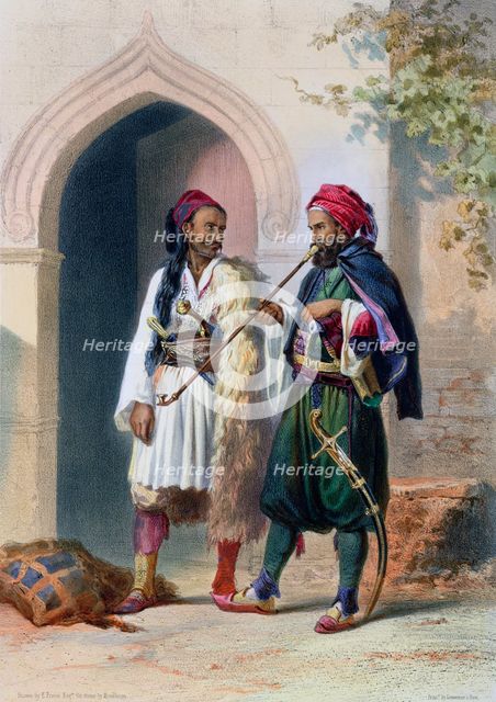 Arnaout and Osmanli soldiers in Alexandria, Egypt, 1848. Creator: Mouilleron.