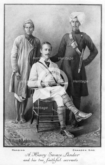 'Arnold Henry Savage Landor (1865-1924) and his two faithful servants', 1898. Artist: Unknown