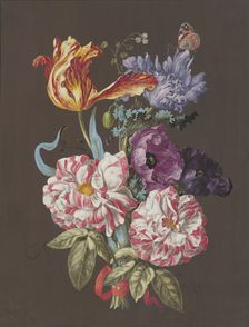Arrangement of roses (Rosa), tulips (Tulipa), poppies (Papaver), and other flowers..., c1770. Creator: Unknown