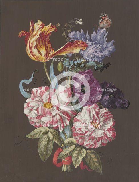 Arrangement of roses (Rosa), tulips (Tulipa), poppies (Papaver), and other flowers..., c1770. Creator: Unknown.
