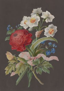 Arrangement of red ranunculus (Ranunculus), white tazetta (Narcissus tazetta)..., c18th century. Creator: Unknown