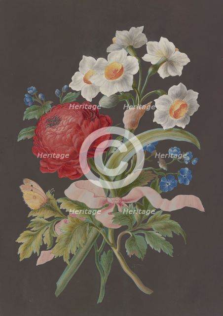 Arrangement of red ranunculus (Ranunculus), white tazetta (Narcissus tazetta)..., c18th century. Creator: Unknown.