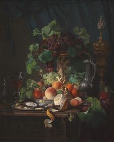 Arrangement with wine glasses, oysters, lemon and other fruits, 1848. Creator: Carl Balsgaard