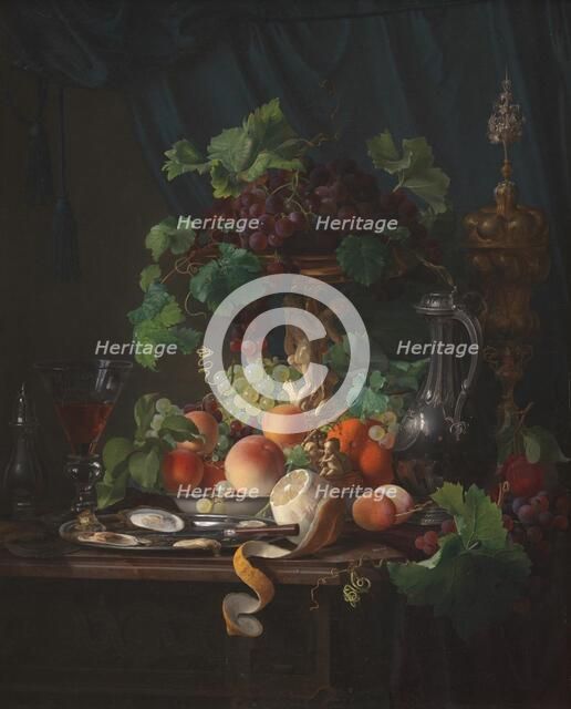 Arrangement with wine glasses, oysters, lemon and other fruits, 1848. Creator: Carl Balsgaard.