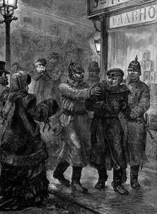 Arrest of a suspected nihilist at St. Petersburg, 1880. Creator: Unknown