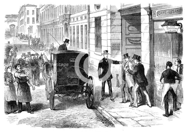 Arrest of Beaury for the assassination plot in Paris, 1870. Creator: Unknown.