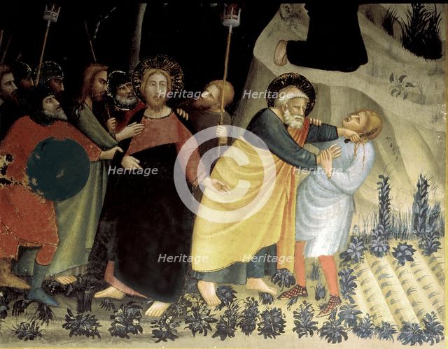  'Arrest of Jesus in the Garden of Gethsemane' detail of Paintings by Ferrer Bassa, preserved fre…