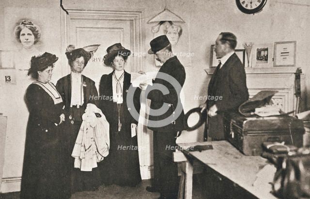 Arrest of leading suffragettes, London, 13 October 1908. Artist: Unknown