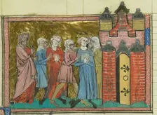 Arrest of Louis IX (From "Li rommans de Godefroy de Buillon et de Salehadin"), 1337. Creator: Maître de Fauvel (active 1314-1340)
