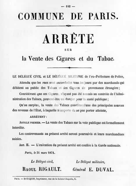 Arrete sur la Vente des Cigares et du Tabac, from French Political posters of the Paris Commune Artist: Unknown