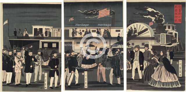 Arrival and Departure of an American Steamship (Amerikakoku jokisha orai), 1861. Creator: Yoshikazu.