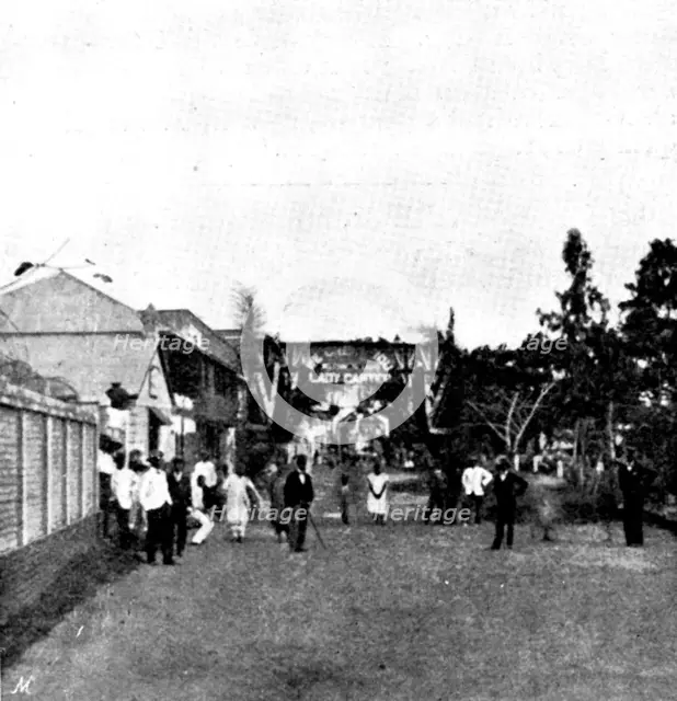 Arrival, and Subsequent Death, of Lady Carter at Lagos: triumphal arch...customs landing-stage, 1895 Creator: George Meisenbach.