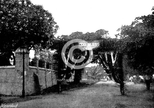 Arrival, and Subsequent Death, of Lady Carter at Lagos: triumphal arch opposite Christ Church, 1895. Creator: George Meisenbach.