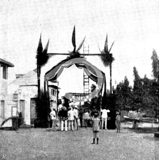 Arrival, and Subsequent Death, of Lady Carter at Lagos: triumphal arch of Messrs. Holt & Welch, 1895 Creator: George Meisenbach.