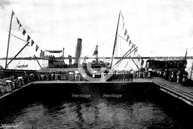 Arrival, and Subsequent Death, of Lady Carter at Lagos: Lady Carter landing at Lagos, 1895. Creator: George Meisenbach.