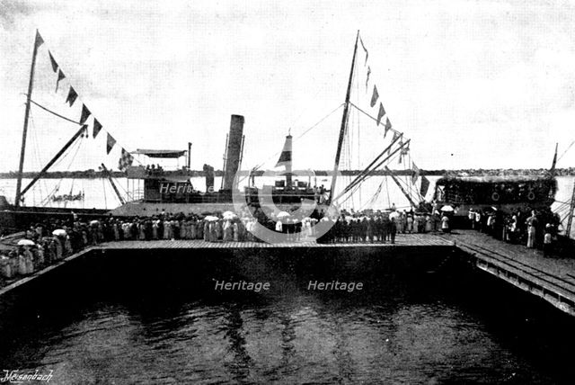 Arrival, and Subsequent Death, of Lady Carter at Lagos: Lady Carter landing at Lagos, 1895. Creator: George Meisenbach.