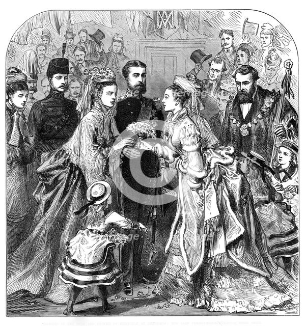 Arrival of the Duke and Duchess of Edinburgh at Gravesend:...presenting a bouquet to the bride, 1874 Creator: Unknown.