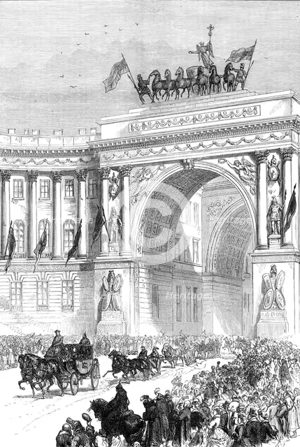 Arrival of the Emperor of Austria at St. Petersburg, from a sketch by our special artist, 1874. Creator: Unknown.