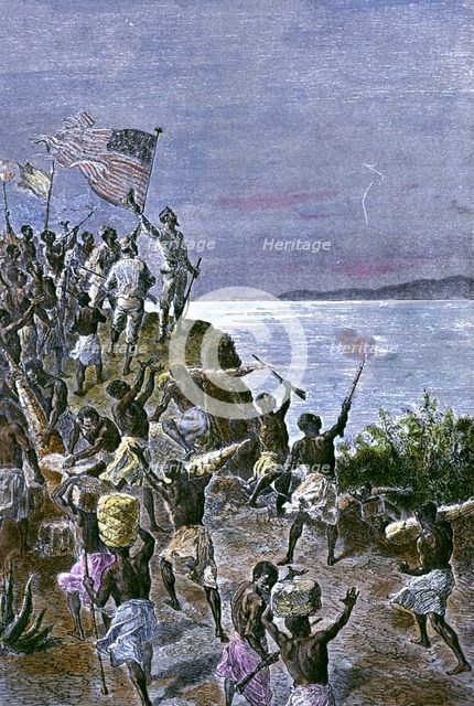 Arrival of the explorer Sir Henry Morton Stanley (1841-1904) to Lake Tanganyika, engraving from 1…