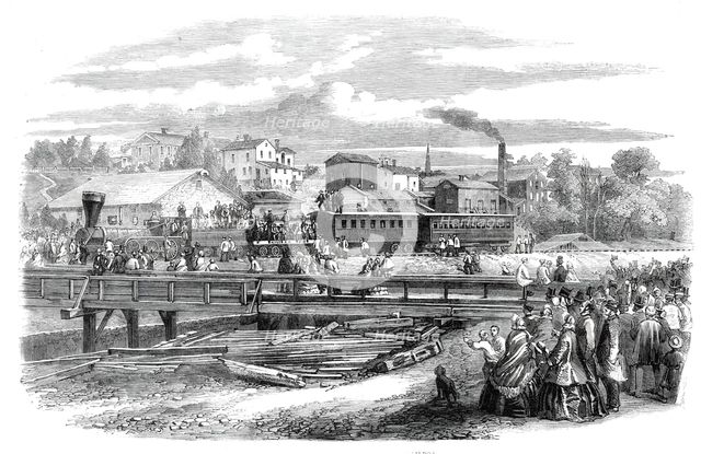 Arrival of the first train of the Atlantic and Great Western Railroad at James Town..., 1860. Creator: Unknown.