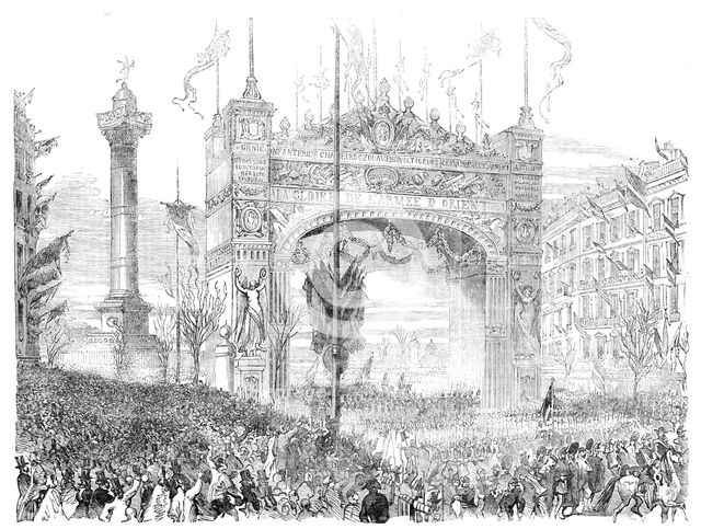 Arrival of the French Crimean Troops at the Place de la Bastille, Paris, 1856.  Creator: Unknown.