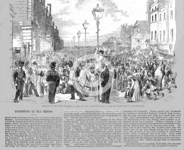 'Arrival of the Scots Fusilier Guards at the South-Western Railway', 1854 Creator: Unknown.
