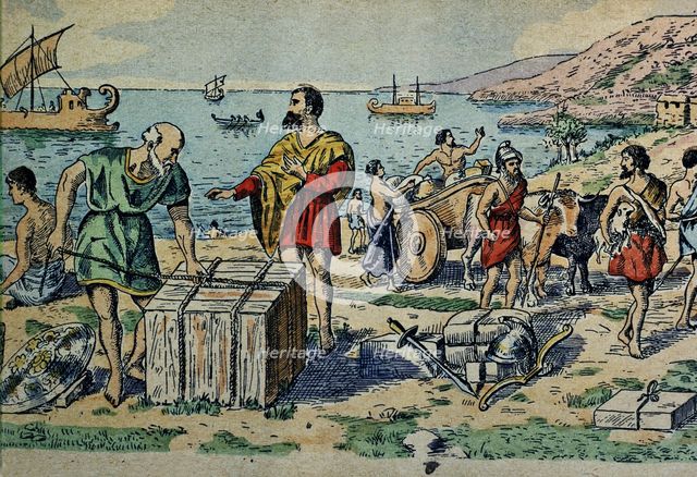 Arrival of the Phoenicians to the coast of the Iberian Peninsula, drawing, 1900.