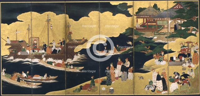 Arrival of a Portuguese ship. Nanban screen, ca. 1600. Artist: Anonymous  