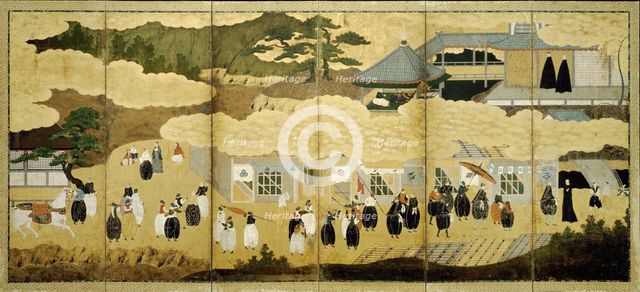 Arrival of a Portuguese ship. Nanban screen, ca. 1600. Artist: Anonymous  