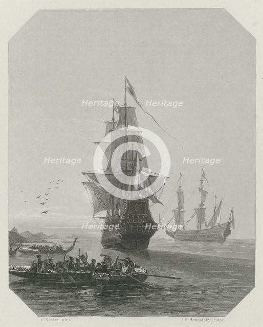 Arrival of Abel Tasman in New Zealand, 1642-1643, ca 1865. Artist: Rennefeld, Johannes Heinrich Maria Hubert (1832-1877)
