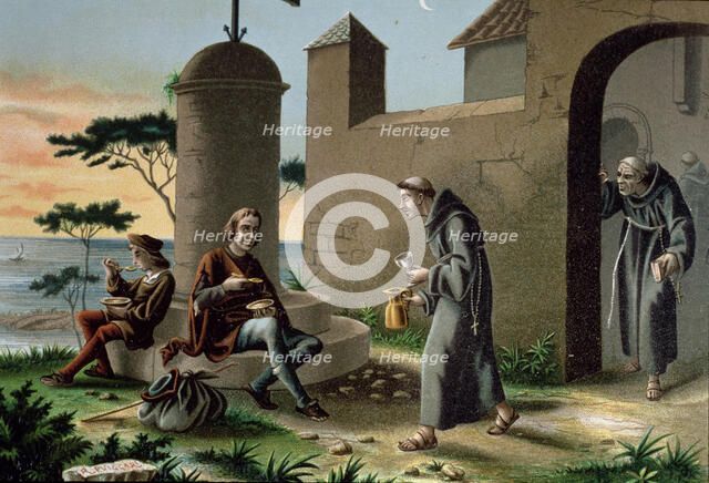 Arrival of Columbus with his son to the monastery of La Rabida, illustration of the time publishe…