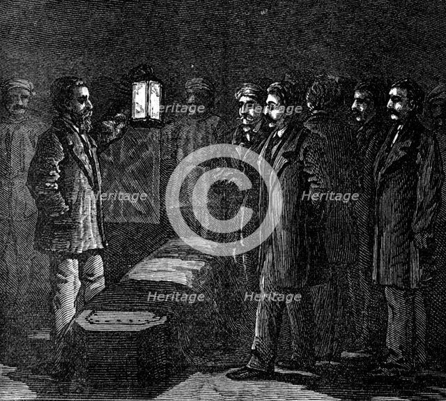 Arrival of Dr. Livingstone's remains: the coffin as it lay in the Malwa, 1874. Creator: Unknown.