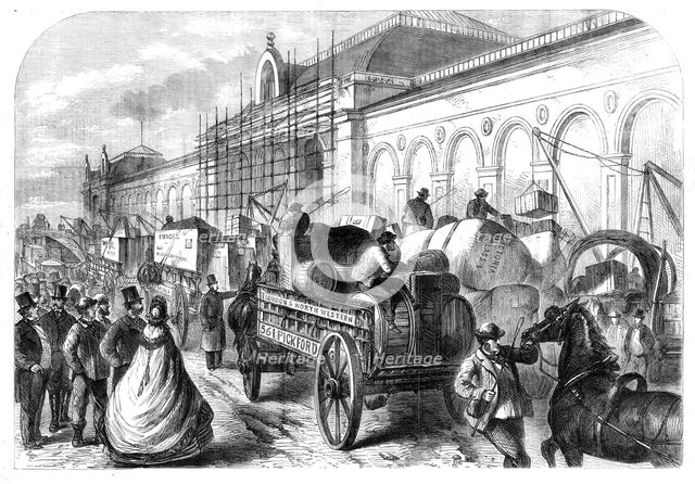 Arrival of goods at the International Exhibition Building: a scene in Cromwell-Road, 1862. Creator: Unknown.