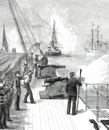 Arrival of H.M.S. Serapis with the Prince of Wales at Gibraltar: H.M.S. Swiftsure...1876. Creator: Unknown