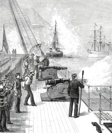 Arrival of H.M.S. Serapis with the Prince of Wales at Gibraltar: H.M.S. Swiftsure...1876. Creator: Unknown