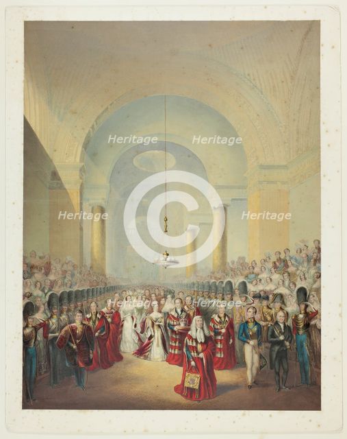 Arrival of Her Most Gracious Majesty at House of Lords to Open First Parliament of her Reign, n.d. Creator: George Baxter.