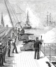 Arrival of H.M.S. Serapis with the Prince of Wales at Gibraltar: H.M.S. Swiftsure...1876. Creator: Unknown