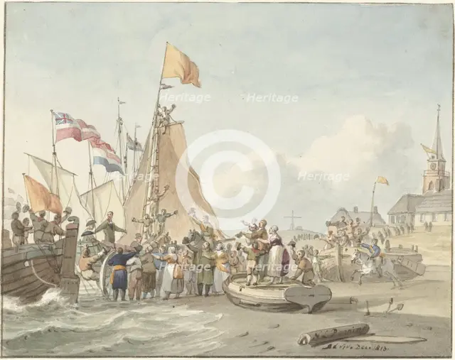 Arrival of Prince Willem Frederik in Scheveningen, November 30, 1813, (1813).  Creator: Nicolaas Lodewyk Penning.