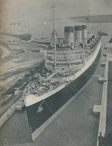 Arrival of RMS Cunard White Star liner Queen Mary in King George V Graving Dock 1936