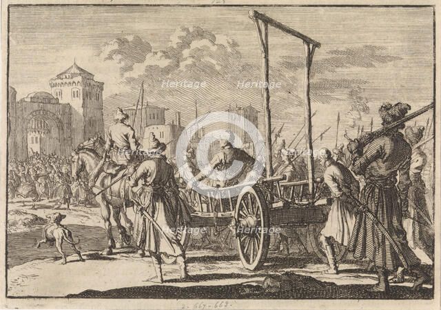 Arrival of Stepan Razin and his brother Frol in an iron cage in Moscow, 1671, 1698. Artist: Aa, Pieter van der (1659-1733)