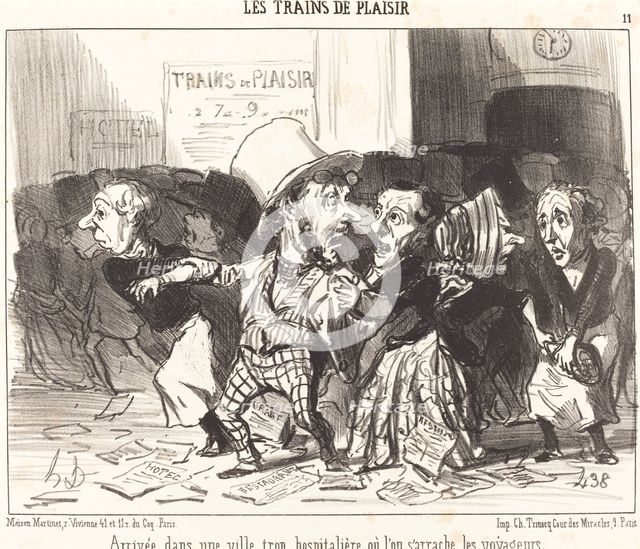 Arrivée dans une ville trop hospitalière où l'on s'arrache les voyageurs, 1852.  Creator: Honore Daumier.